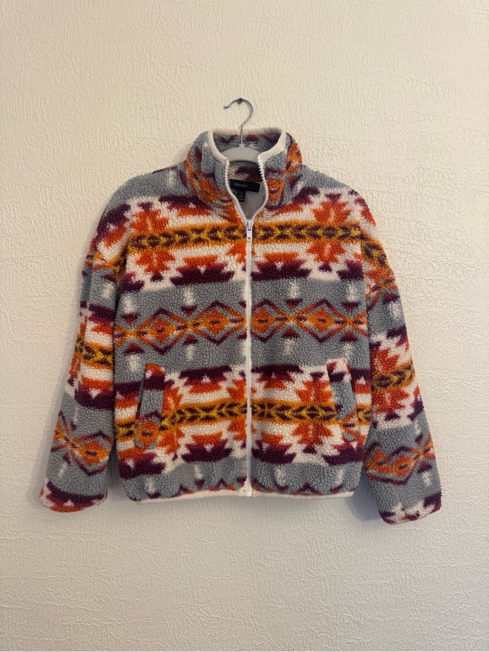 Forever 21 Gray Sherpa Puffer Jacket with Orange, Maroon & Yellow Accents